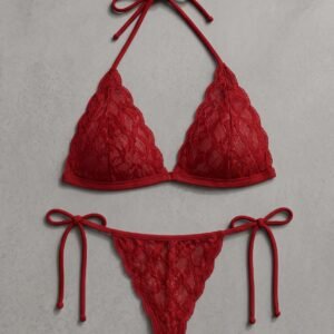 Women’s Lace Bra & Bikini Set – Stylish Red Lingerie with Adjustable Straps