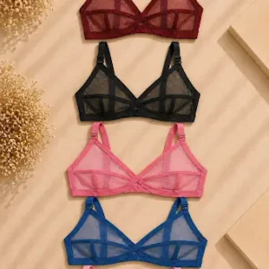 Women’s Net Bra – Soft Transparent Mesh Bra (Black, Blue, Maroon, Pink) | Sizes 32–42