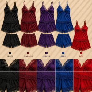 Women’s Satin Nightwear Set – Lace Cami Top & Shorts Pajama Set (Black, Maroon, Purple, Blue, Red, Pink)